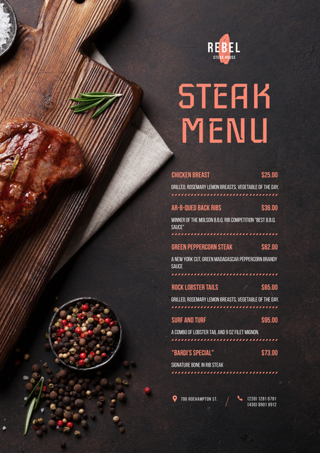 Steak House dishes list Menu Design Template