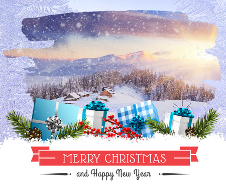 Ontwerpsjabloon van Facebook van Merry Christmas greeting met geschenken en winter forest