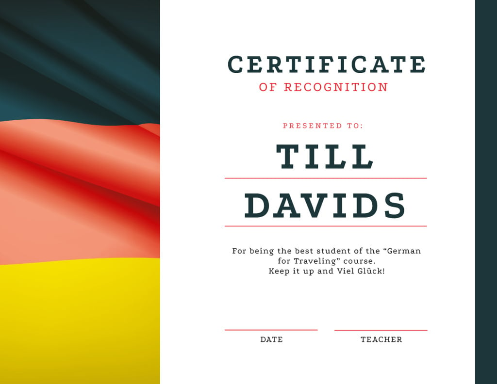 German Language courses Recognition with flag Certificate Šablona návrhu