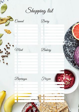 Shopping List with Dishes and Fruits on Table Schedule Planner Design Template