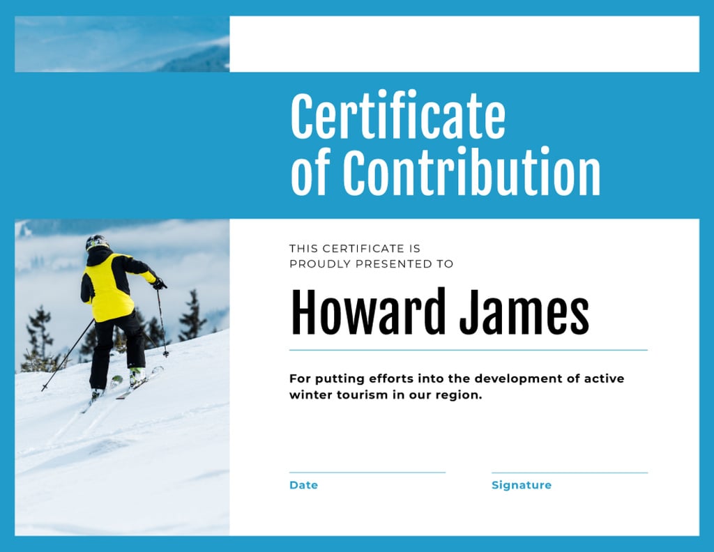 Plantilla de diseño de Winter Tourism Contribution gratitude with Skier in mountains Certificate 
