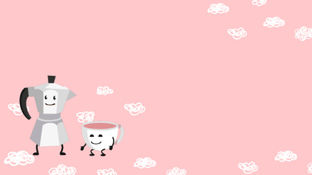 Ontwerpsjabloon van Zoom Background van Cute Kettle pouring coffee into smiling Cup