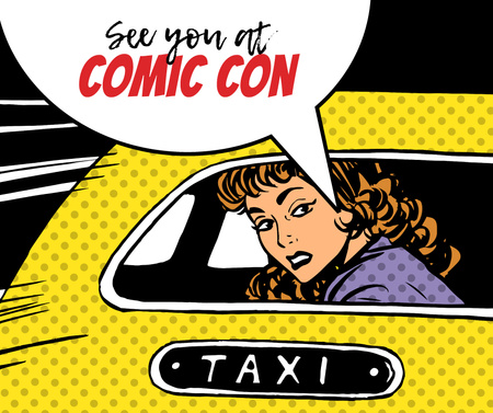 Plantilla de diseño de Comic Con invitation Woman in taxi Facebook 