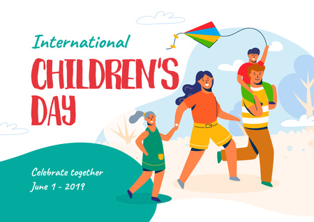 Children's Day Greeting with Parents and Kids Having Fun Postcard Design Template