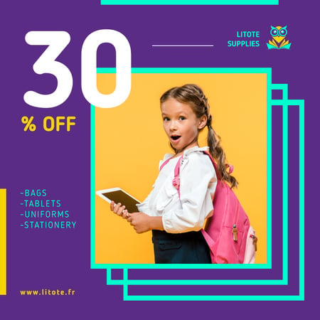 School Supplies Sale Girl with Tablet and Backpack Instagram AD Design Template