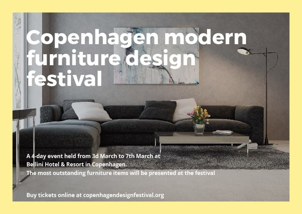 Ontwerpsjabloon van Postcard van Interior Decoration Event Announcement with Sofa in Grey