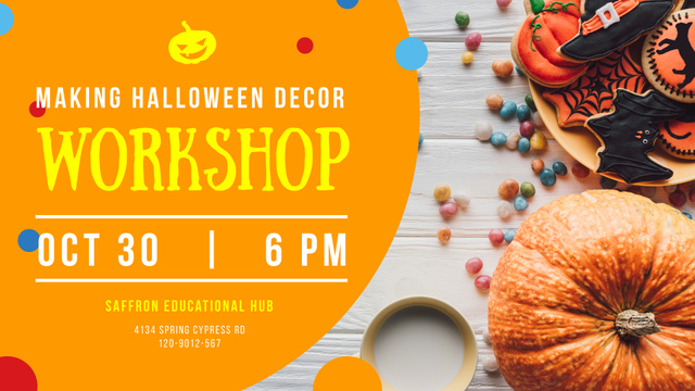 Halloween Decor Workshop Cookies and Pumpkin FB event cover Πρότυπο σχεδίασης
