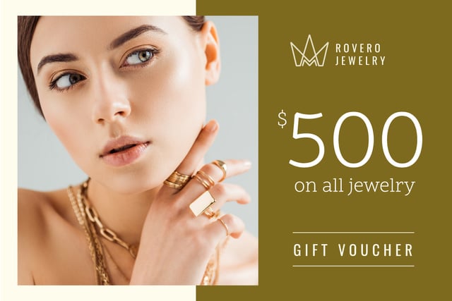 Jewelry Offer with Woman in Golden Rings Gift Certificate Modelo de Design