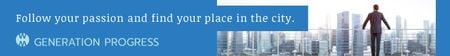 Ontwerpsjabloon van Leaderboard van zakenman op city view in het blauw
