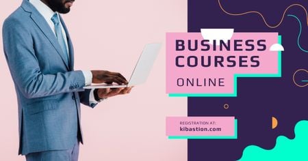Ontwerpsjabloon van Facebook AD van Business Courses Ad Man Working on Laptop
