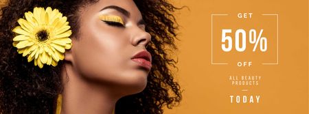 Beauty Products Ad with Woman with Yellow Makeup Facebook cover Modelo de Design