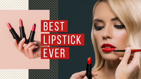 Lipstick Ad Woman Applying Makeup in Red Youtube Thumbnail Design Template