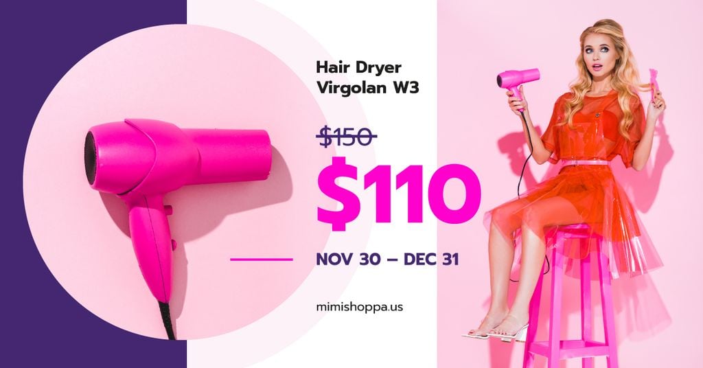 Beauty Equipment Promotion Woman with Hair Dryer Facebook AD tervezősablon
