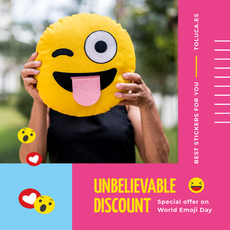 Designvorlage World Emoji Day Offer with Girl Holding Funny Face für Animated Post