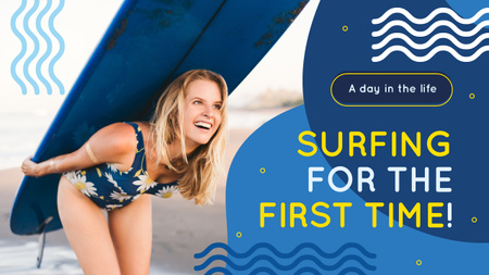 Surfing School Woman with Board in Blue Youtube Thumbnail Design Template