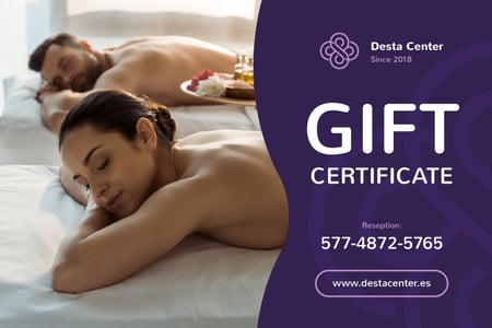 Ontwerpsjabloon van Gift Certificate van Spa Center Offer with Woman and Man at Massage