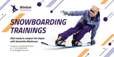 Snowboarding Lessons Promotion with Rider on Board Twitter Design Template