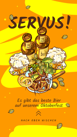 Plantilla de diseño de oferta oktoberfest cerveza servida con snacks en amarillo Instagram Story 