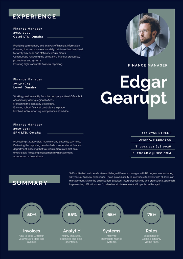 Finance Manager Professional profile Resume Design Template