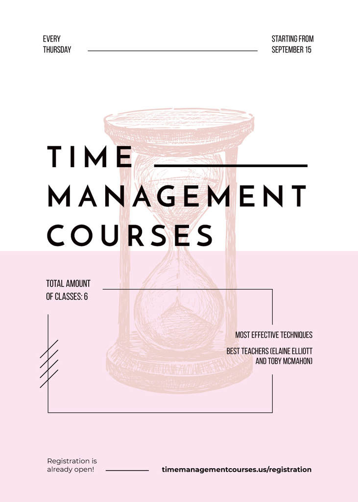 Pink hourglass sketch for Time Management courses Invitation tervezősablon