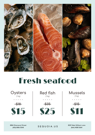 Seafood Offer with Fresh Salmon and Mollusks Poster Design Template