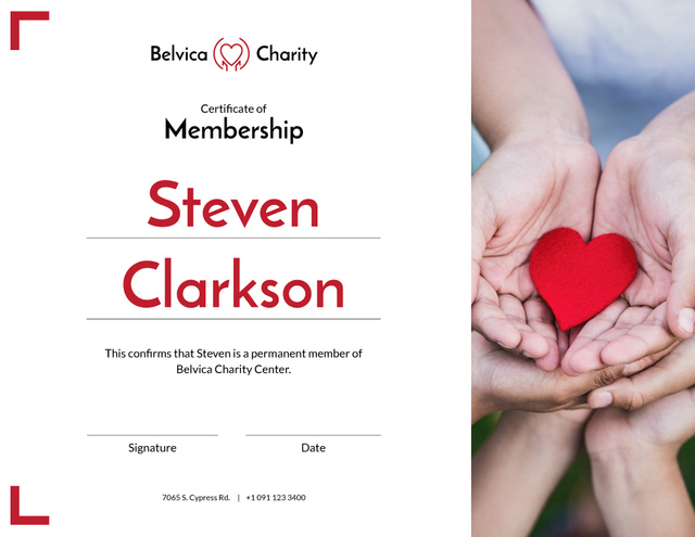 Charity Center Membership gratitude with heart in hands Certificate Modelo de Design