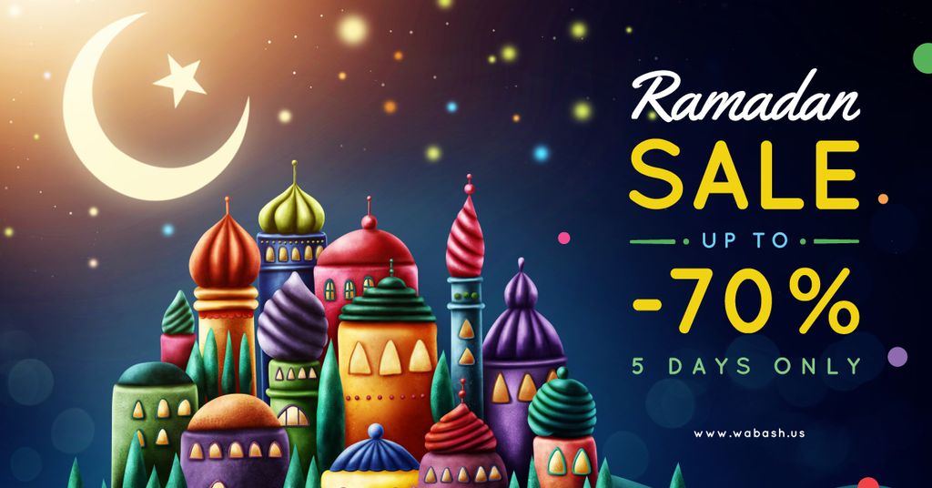 Designvorlage Ramadan Sale Offer Mosque and Town Under Moon für Facebook AD