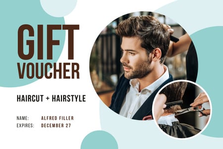 Template di design Hair Salon Offer with Man Cutting Hair Gift Certificate