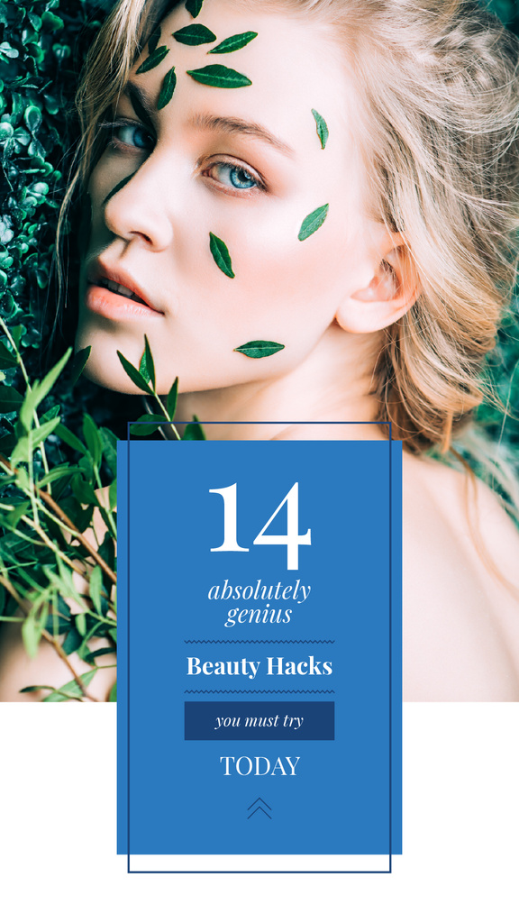 Beauty Hacks Ad with Woman in Green Leaves Instagram Story Modelo de Design