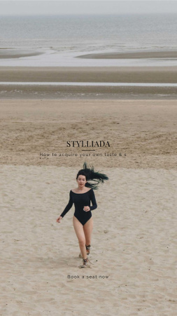 Fashion Shop Offer with Woman running on the beach Instagram Story Tasarım Şablonu