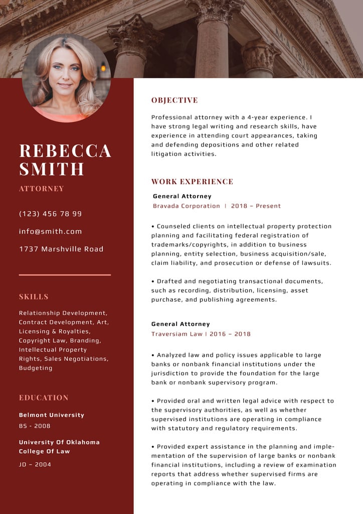 Professional Attorney skills and experience in red Resume Design Template