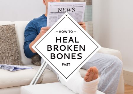 Man with broken bones sitting on sofa reading newspaper Card Modelo de Design