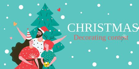 Christmas Tree Decoration Contest with Happy People in Santa Hats Twitter tervezősablon