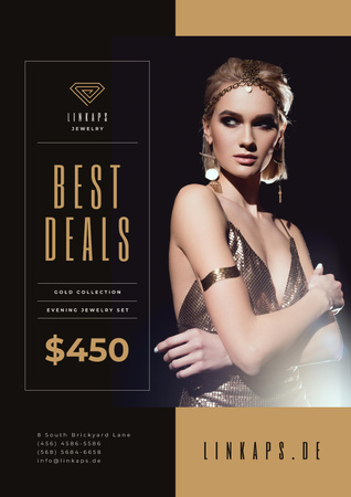 Jewelry Sale with Woman in Golden Accessories Poster Design Template