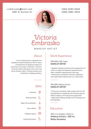 Makeup artist skills and experience Resume Tasarım Şablonu