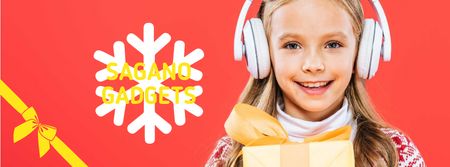 Plantilla de diseño de Christmas Offer Girl in Headphones with Gift Facebook cover 