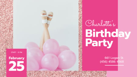 Birthday Party Invitation Girl with Pink Balloons FB event cover Design Template