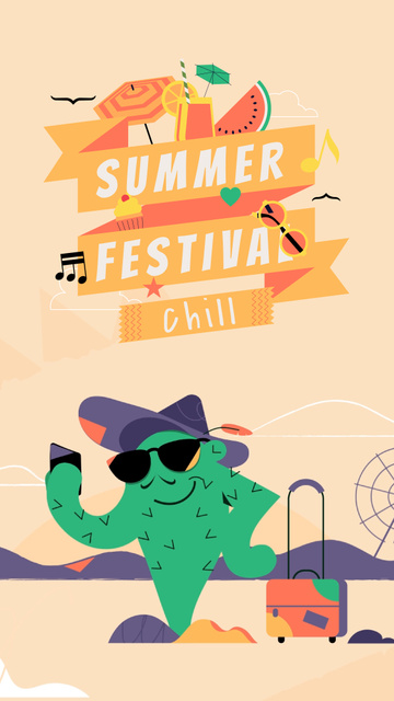 Summer Festival Invitation Cactus Taking Selfie Instagram Video Story Design Template