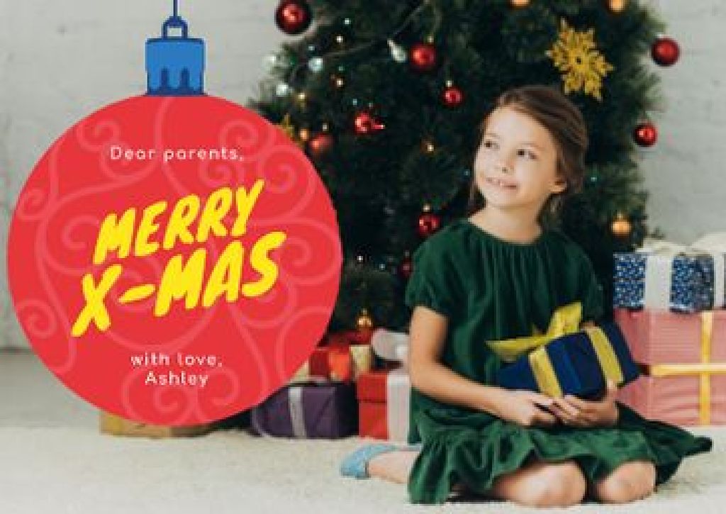 Merry Christmas Greeting with Little Girl with Presents Postcard Design Template