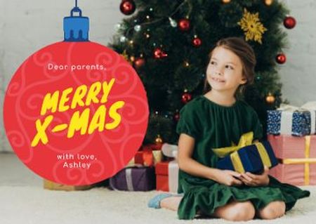 Plantilla de diseño de Merry Christmas Greeting with Little Girl with Presents Postcard 