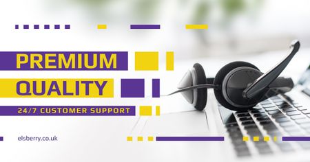 Customers Support Service Headset on Laptop Facebook AD Design Template