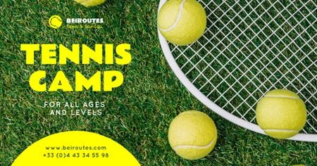 Platilla de diseño Sports Camp Offer Tennis Racket on Court Facebook AD