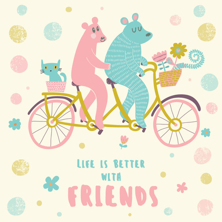Two bears and cat on a bicycle with flowers Instagram Design Template