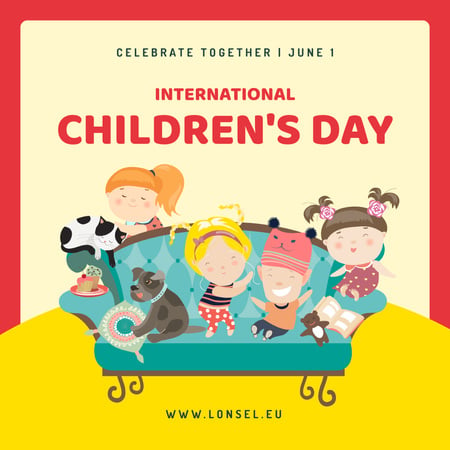 Happy kids on a sofa on Children's Day Instagram Design Template