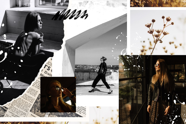 Woman in stylish Clothes in city Mood Board Design Template