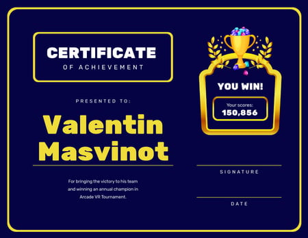 Ontwerpsjabloon van Certificate van VR game tournament Achievement with cup