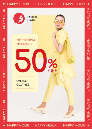 Clothes Shop Happy Hour Offer Woman in Yellow Outfit Flayer Modelo de Design