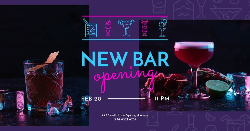 Bar Opening Announcement Cocktails on a Counter Facebook AD Modelo de Design