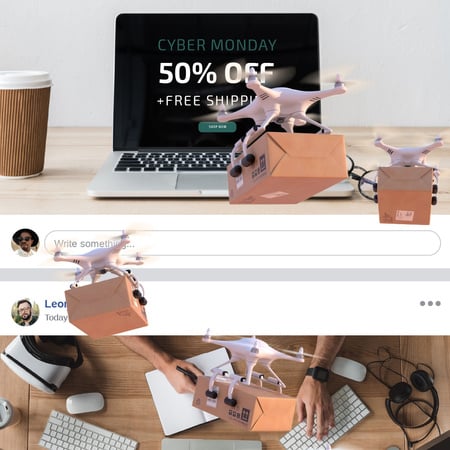 Cyber Monday Offer with Drone Delivery Animated Post Modelo de Design