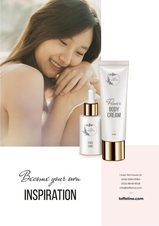 Skincare Products ad with Young Woman Poster Modelo de Design